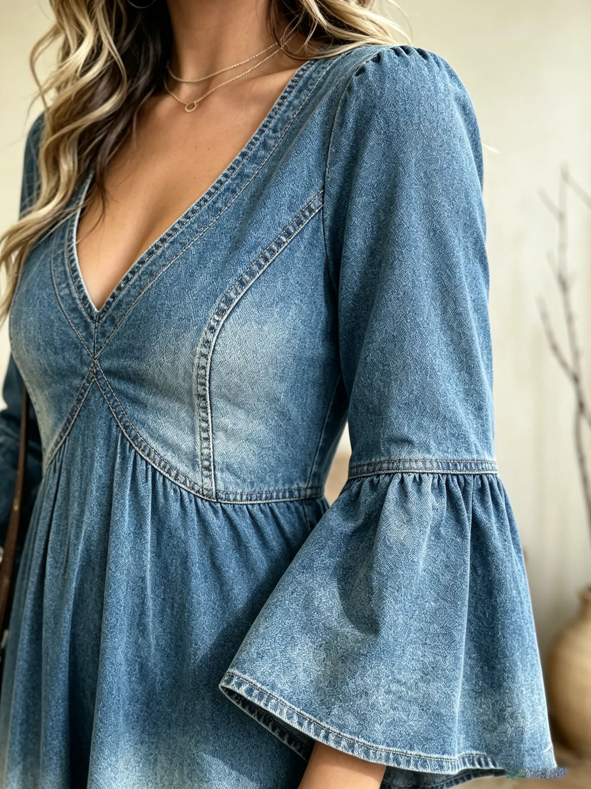 Women's Bell Sleeve V-Neck Denim Mini Dress