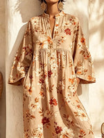 Retro Floral Pattern Art Print Casual V-neck Cotton Linen Maxi Dress