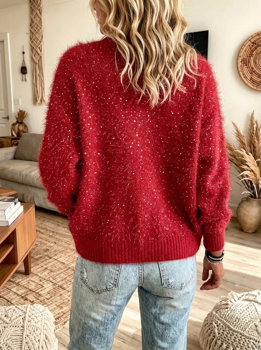 Women's Fuzzy Glitter Knit Button Cardigan