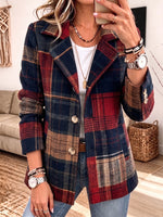 Women Plaid Blazer Notched Lapel Button Down Wool‑Blend Casual Jacket With Pockets