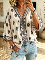 Women's Tribal Border V-Neck Blouse