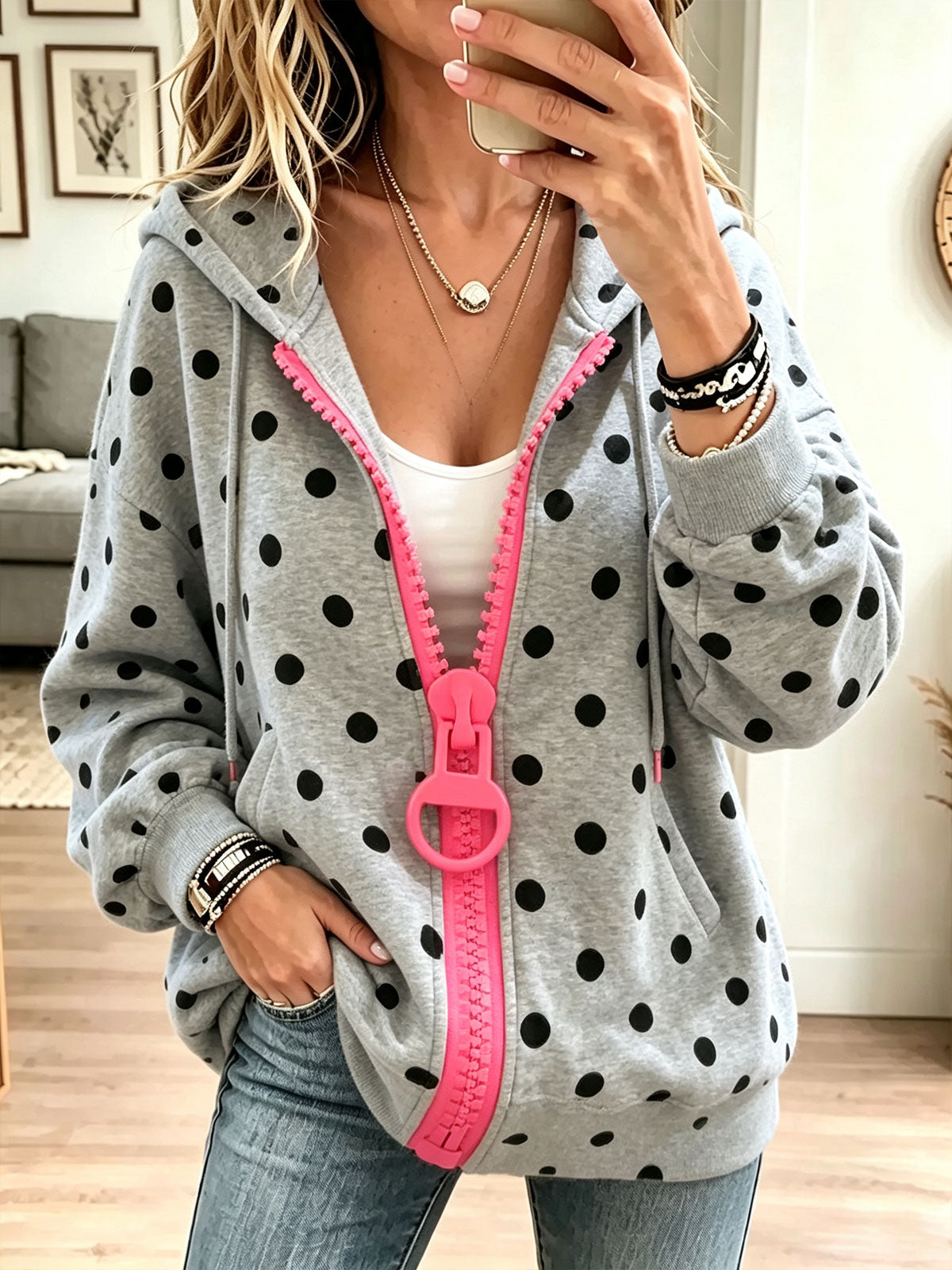 Women Polka Dot Contrast Pink Zipper Full‑Zip Hoodie