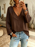 Women Solid Hollow Lace Spliced V-Neck 3/4 Sleeve Linen Blend Top