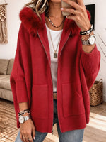 Women Furry Hood Zip‑Up Knit Cardigan, Oversized Cozy Knitted Jacket With Pockets