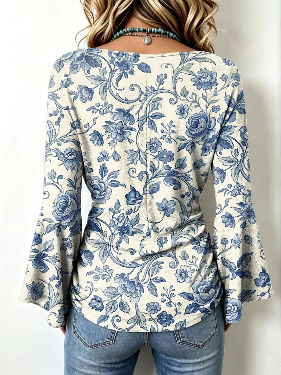 Retro Floral Pattern Art Print Casual Stylish Cotton V Collar Shirt