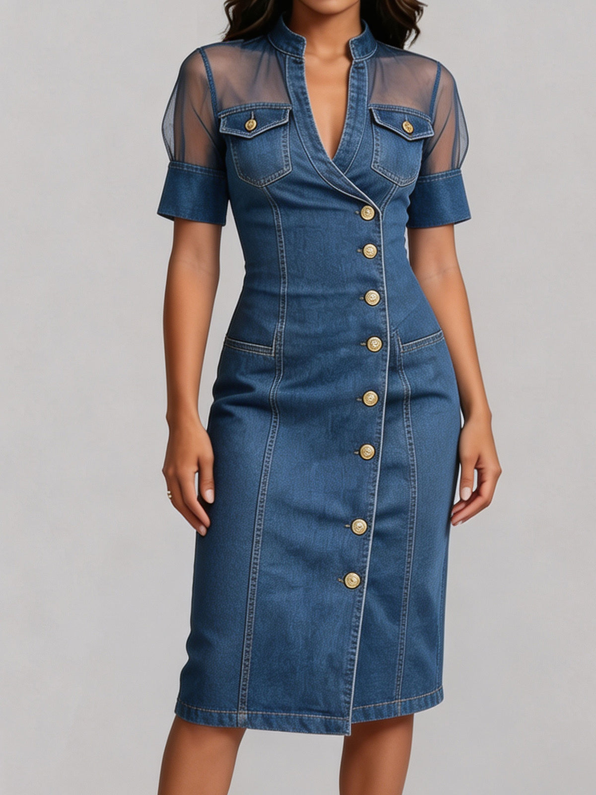 Stand Collar Mesh Spliced Wrap Button Front Denim Midi Dress