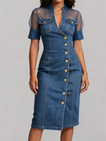 Stand Collar Mesh Spliced Wrap Button Front Denim Midi Dress