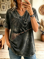 Women's Bat-Wing Black Cat Flying Broom T-Shirt