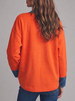 Women Orange Sweatshirt Denim Spliced Frog Button Long Sleeve Casual Jacket With Pockets