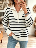 Elegant Stripe Pattern Zip Knit Art Casual Stylish Long Sleeve Sweater