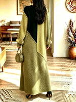 Women's Color-block Asymmetric Button Long-sleeve Slit Long Knit Dress
