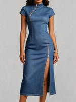 Stand Collar Diagonal Zipper Split Cap Sleeve Denim Midi Dress