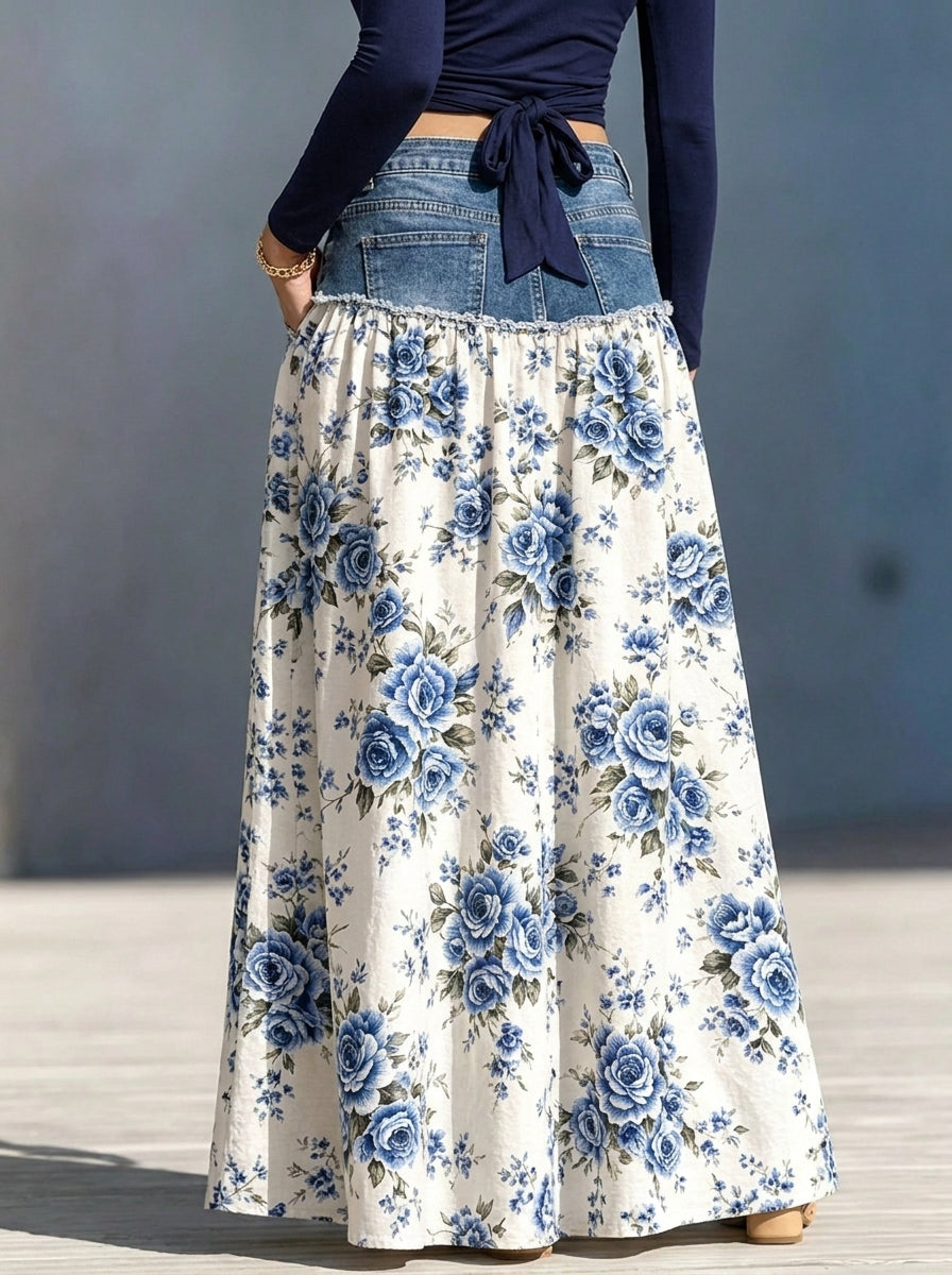 Denim Patchwork Floral Fringe Maxi Skirt With Pockets