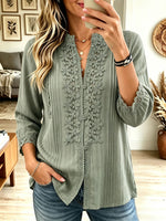 Women Lace Panel V Neck 3/4 Puff Sleeve Button Down Casual Blouse