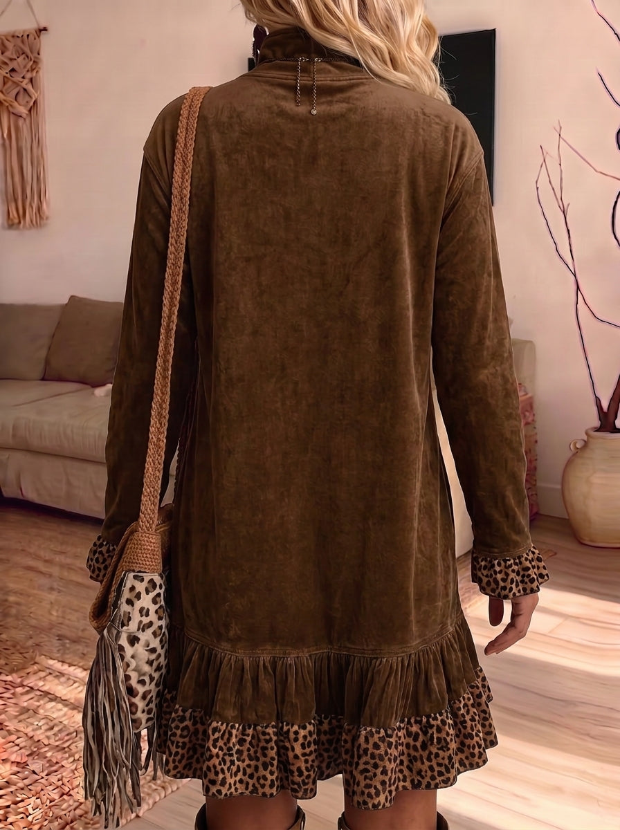 Teal Velvet Leopard Contrast Ruffle Hem Tunic Dress With Pockets