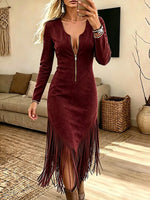 Vintage Elegant Suede Patchwork Long-sleeved Tassels Dress
