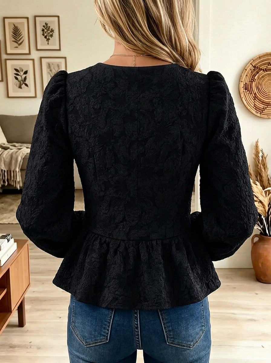 Square Neck Puff Sleeve Peplum Blouse with Gold Buttons