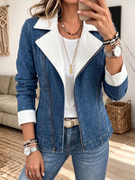 Women Denim Biker Jacket White Contrast Lapel Asymmetric Zip‑Up Long Sleeve Slim Fit Coat