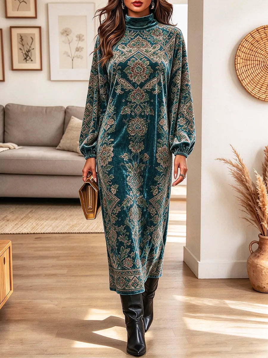 Retro Floral Pattern Art Print Casual Stylish Long Sleeve Velvet Dress