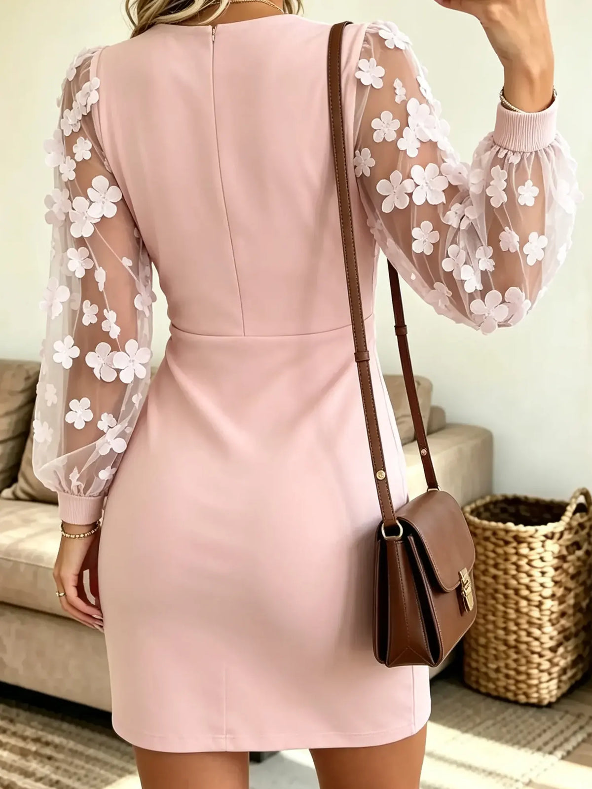 Women's 3D Floral Sheer Sleeve Ruched Dress