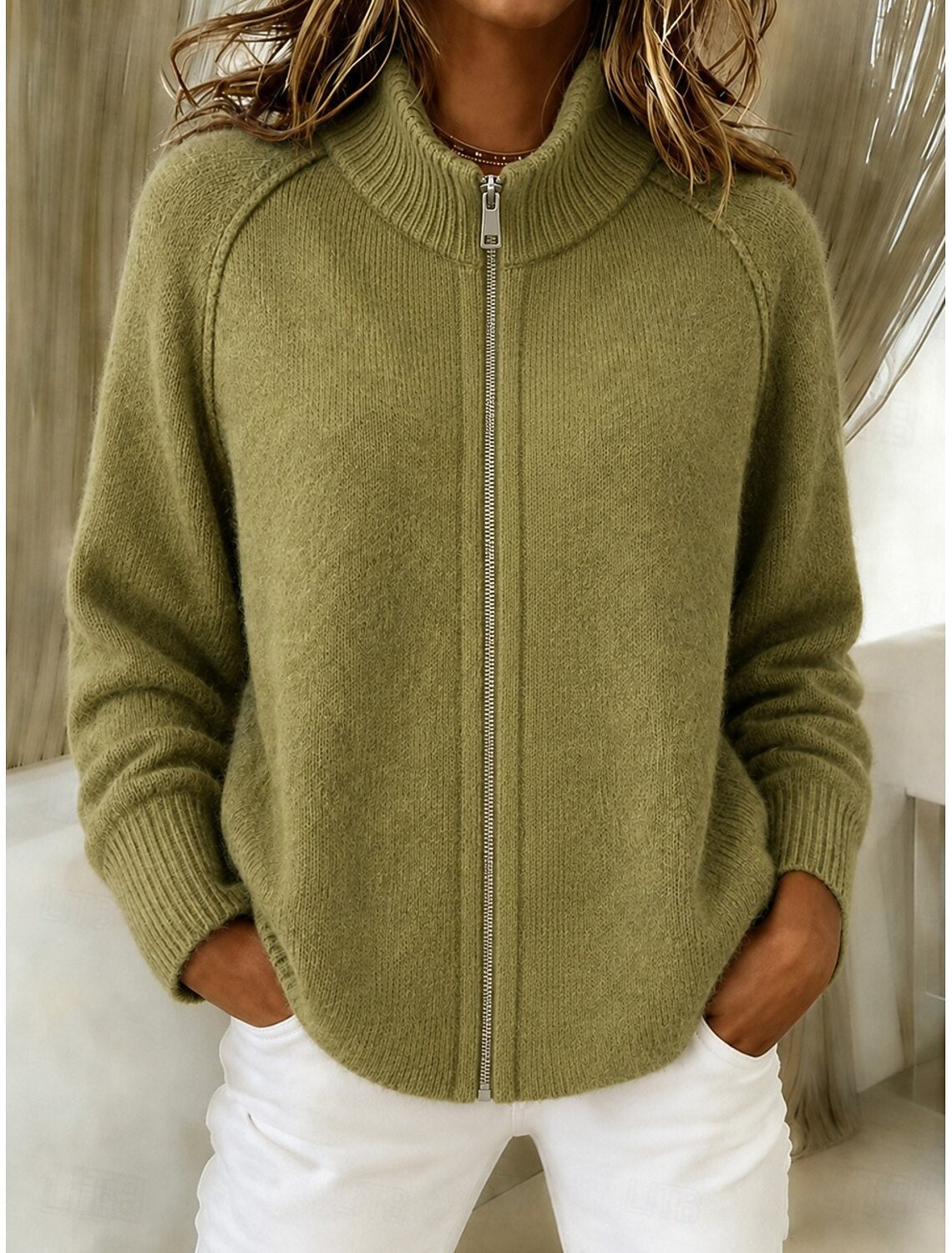 Women Stand Collar Full‑Zip Raglan Sleeve Chunky Knit Cardigan Jacket