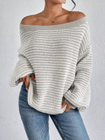 Women Striped Off‑Shoulder Drop Shoulder Loose Knit Sweater