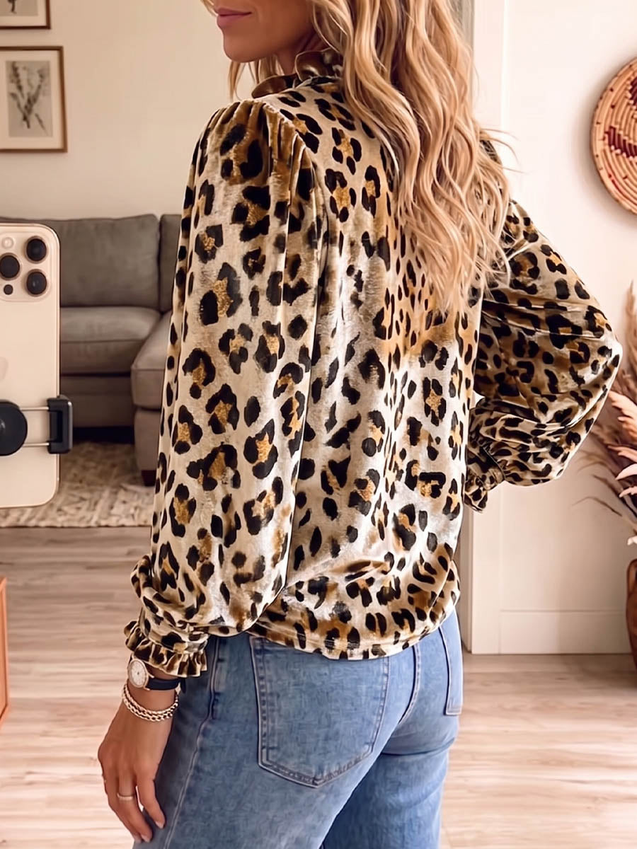 Vintage Elegant Leopard Print Velvet Shirt