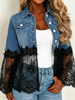 Retro Floral Lace Patchwork Casual Stylish Long Sleeve Denim Lapel Coat