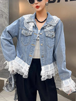 Retro Ruffled Lace Patchwork Pearls Art Casual Stylish Long Sleeve Denim Coat