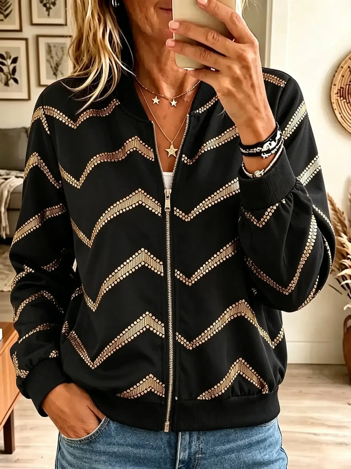 Women's Chevron Sequin Zip-Up Bomber Jacket