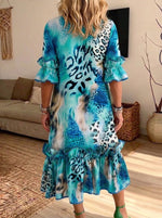 Women Leopard Tie‑Dye Ruffle Midi Dress Loose Flare Sleeve Dress With Pockets