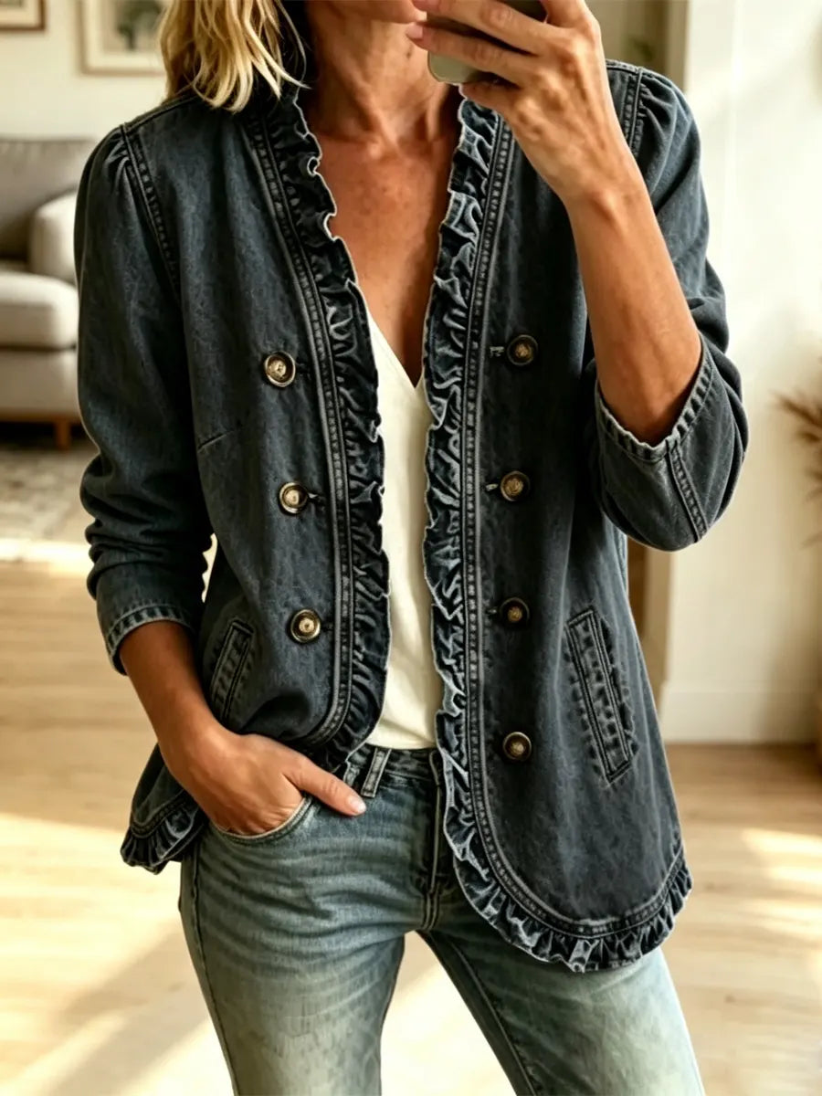 Retro Ruffle Solid Color Button Art Casual Stylish Long Sleeve Denim Coat