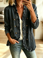 Retro Ruffle Solid Color Button Art Casual Stylish Long Sleeve Denim Coat