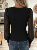 Women's Square Neck Sheer Organza Puff Sleeve Top