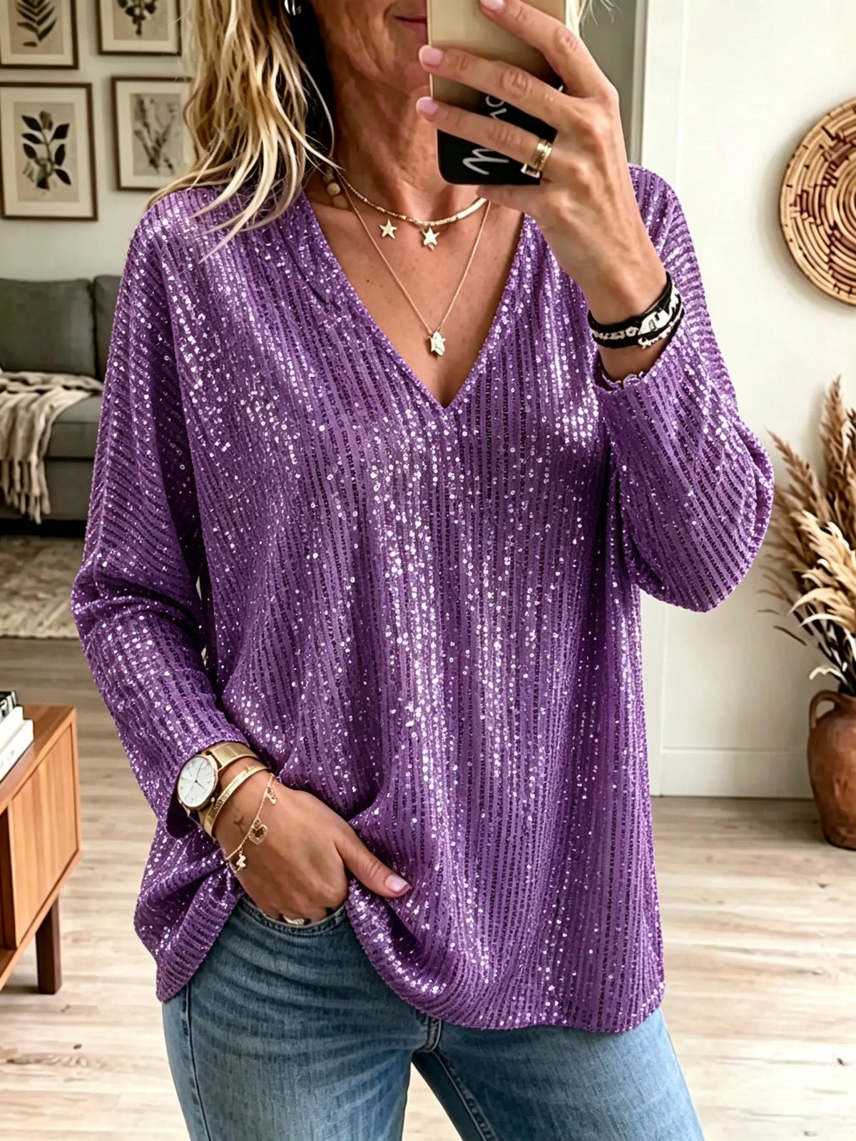 Women's Sequin V-Neck Tunic Top