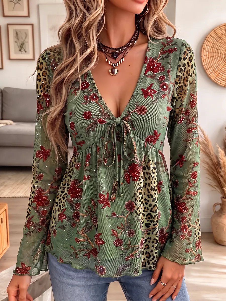 Vintage Elegant Flowers Leopard Print Sheer Mesh Shirt