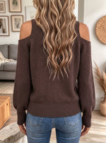 Brown V Neck Cold Shoulder Lantern Sleeve Knit Sweater