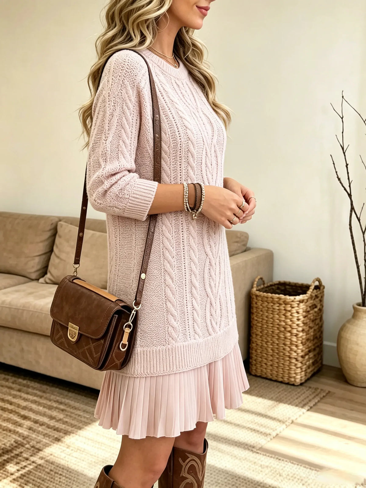Women's Cable Knit Pleated Hem Sweater Dress