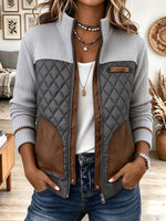 Women's Grey Ribbed Knit Colorblock Quilted Zip-Up Bomber Jacket