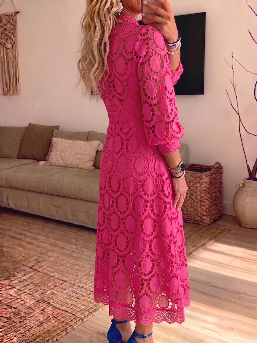 Vintage Elegant Hollowed-out Lace Puff Sleeves Dress