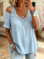 Lace V Neck Cold Shoulder Short Sleeve Linen Blend Blouse
