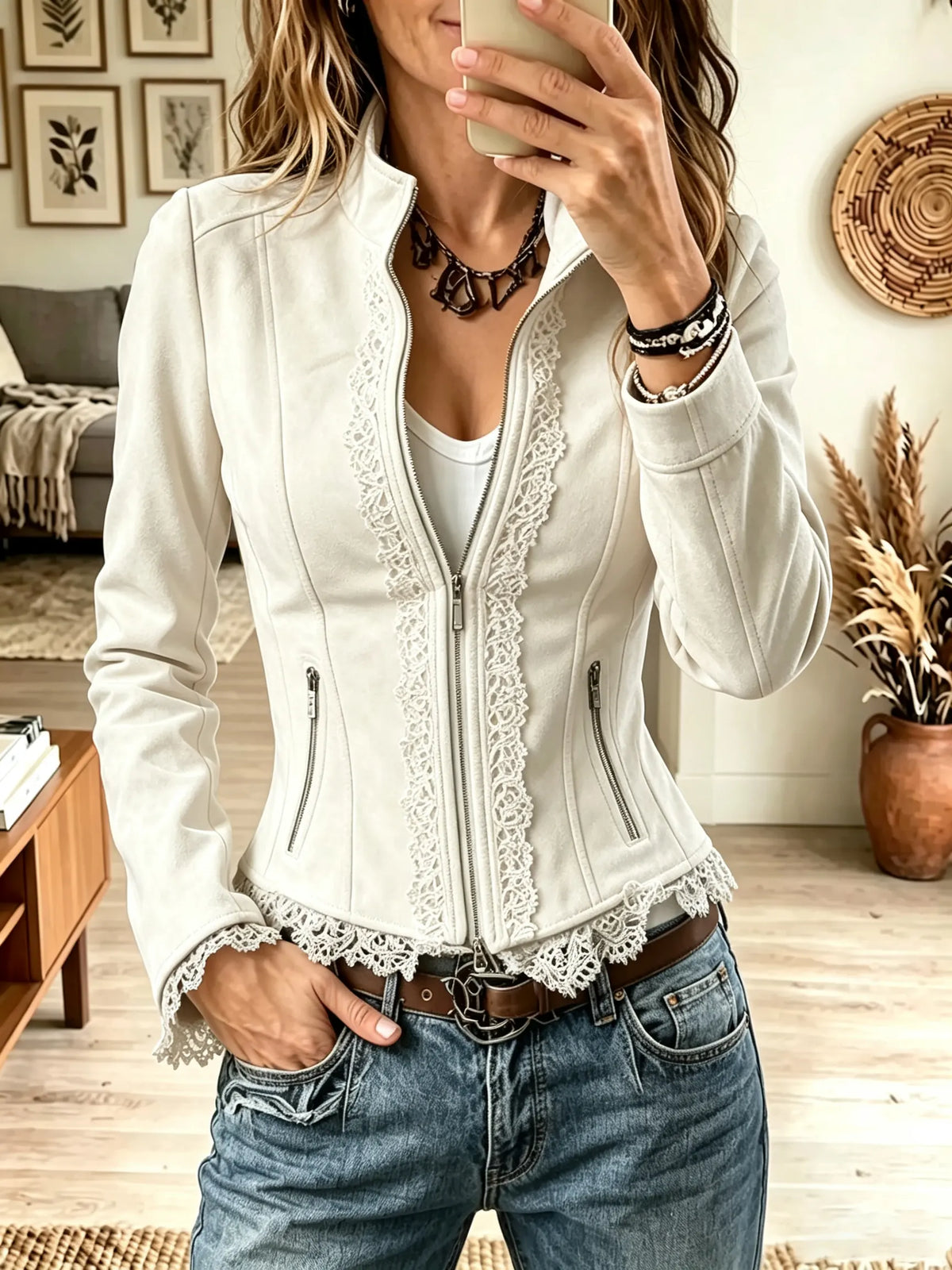 Women's Lace Trim Suede Jacket