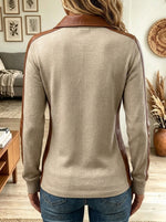 Women's Faux Leather Patchwork Polo Collar Long Sleeve Top, Button Front Casual Shirt