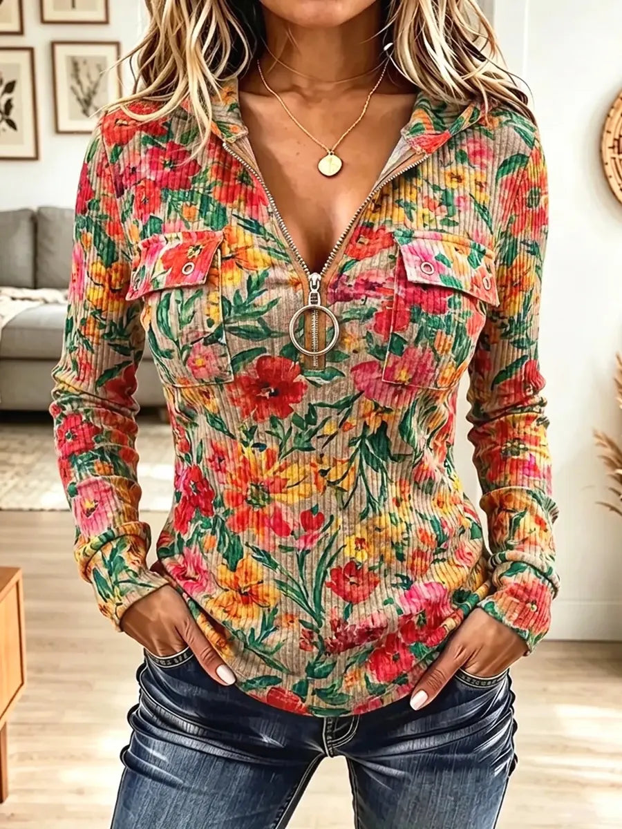 Vintage Floral Pattern Zip Art Casual Stylish Hooded Long Sleeve Top