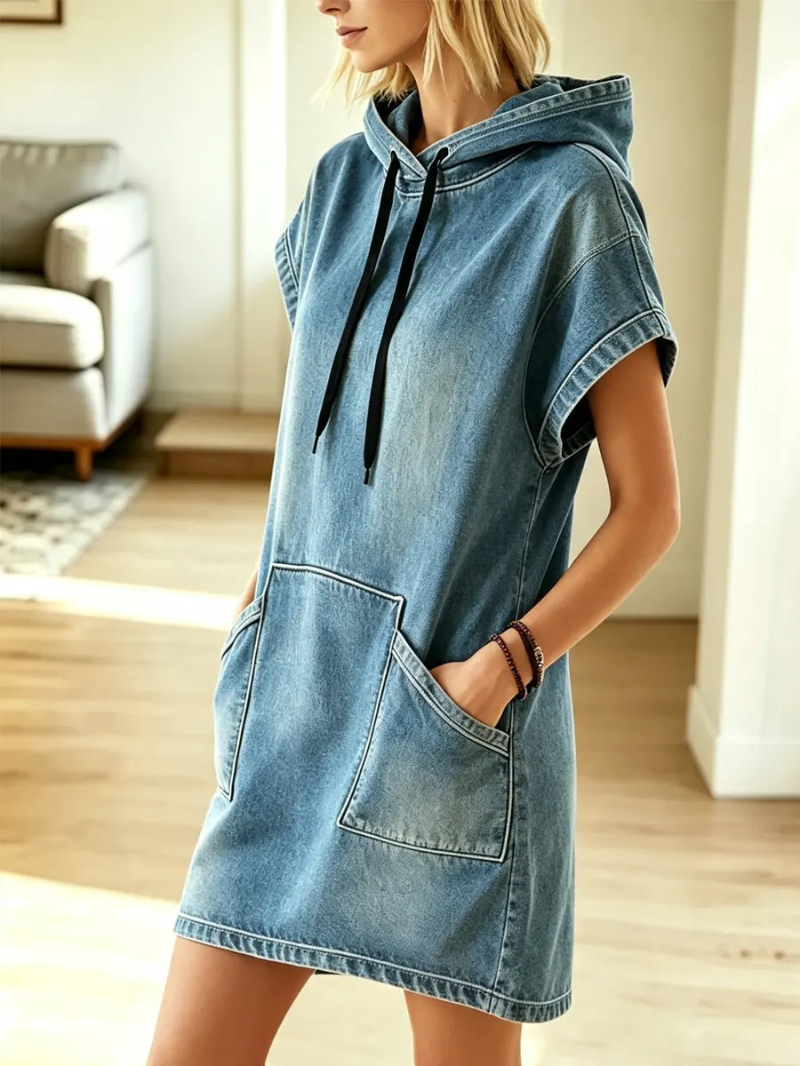 Retro Hooded Art Casual Stylish Short Sleeve Denim Mini Dress