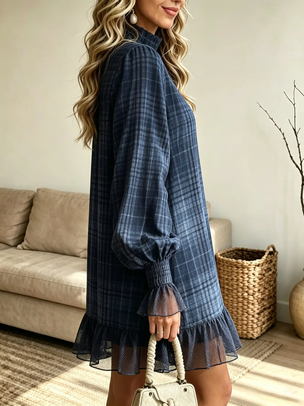 Women's Plaid Mesh Trim Mock-Neck Mini Dress