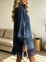 Women's Plaid Mesh Trim Mock-Neck Mini Dress