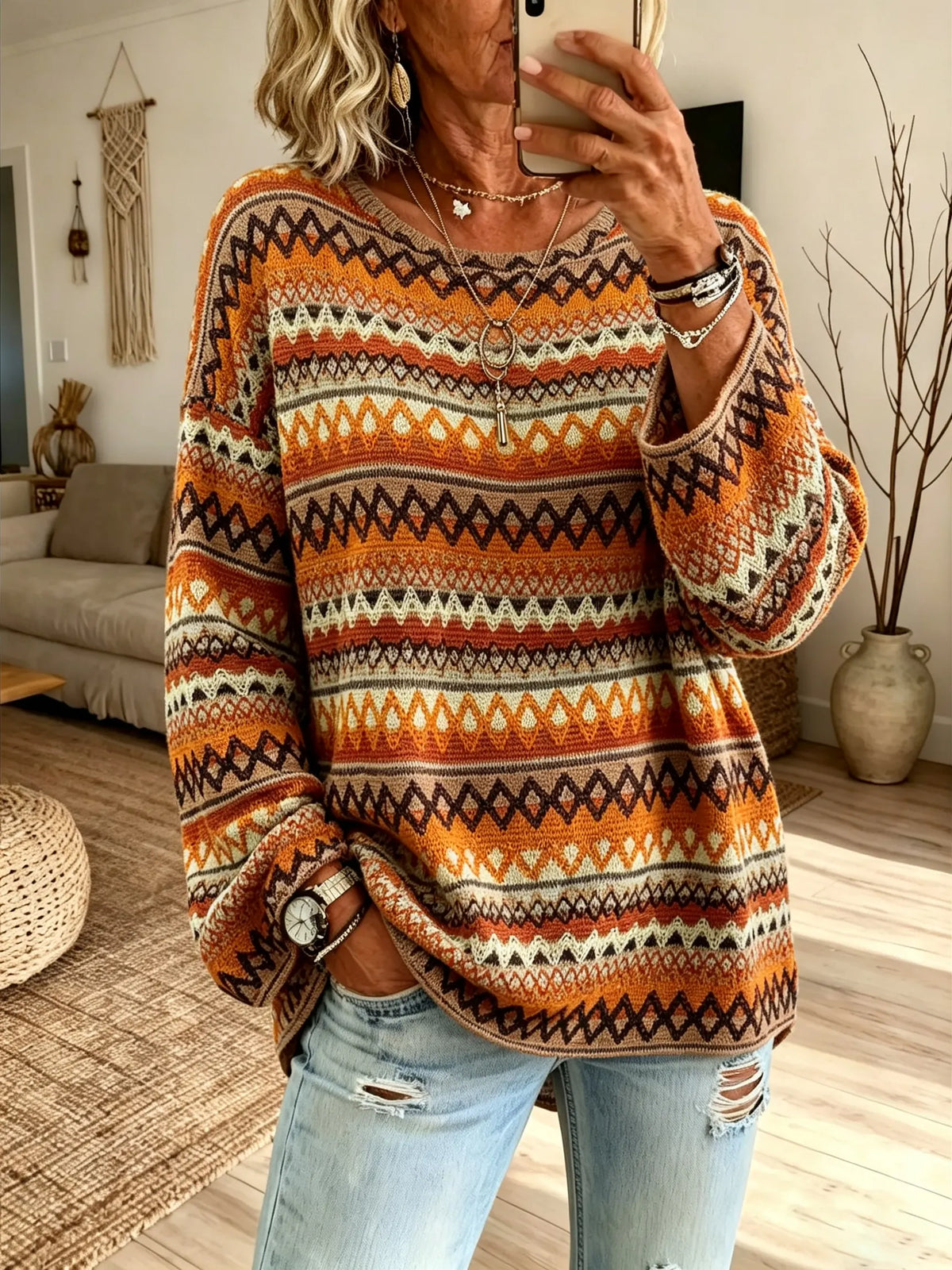 Women Ethnic Geometric Stripe Crew Neck Loose Long Sleeve Knit Sweater