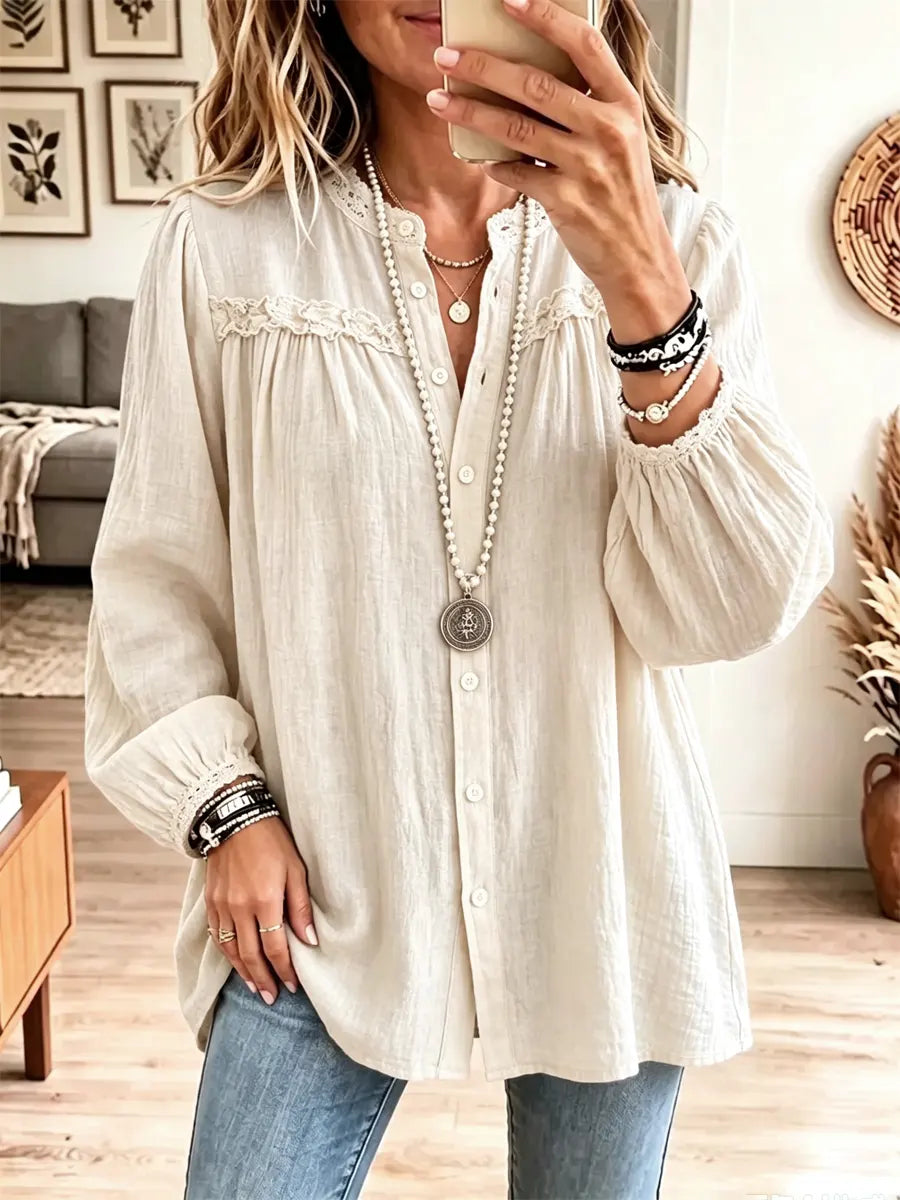 Retro Solid Color Art Casual Ruffle Stylish Long Sleeve Cotton Linen Shirt