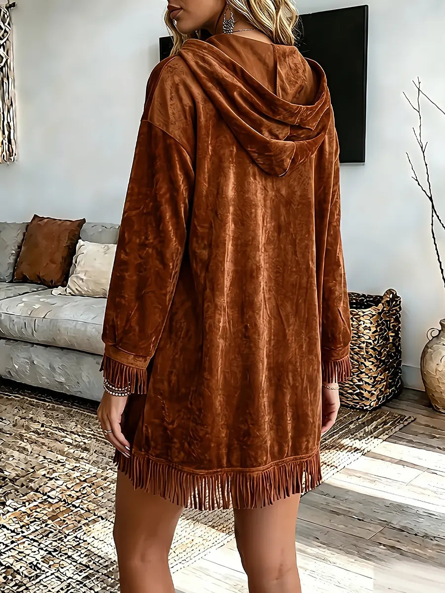 Vintage Elegant Suede Patchwork Tassels Hood Dress